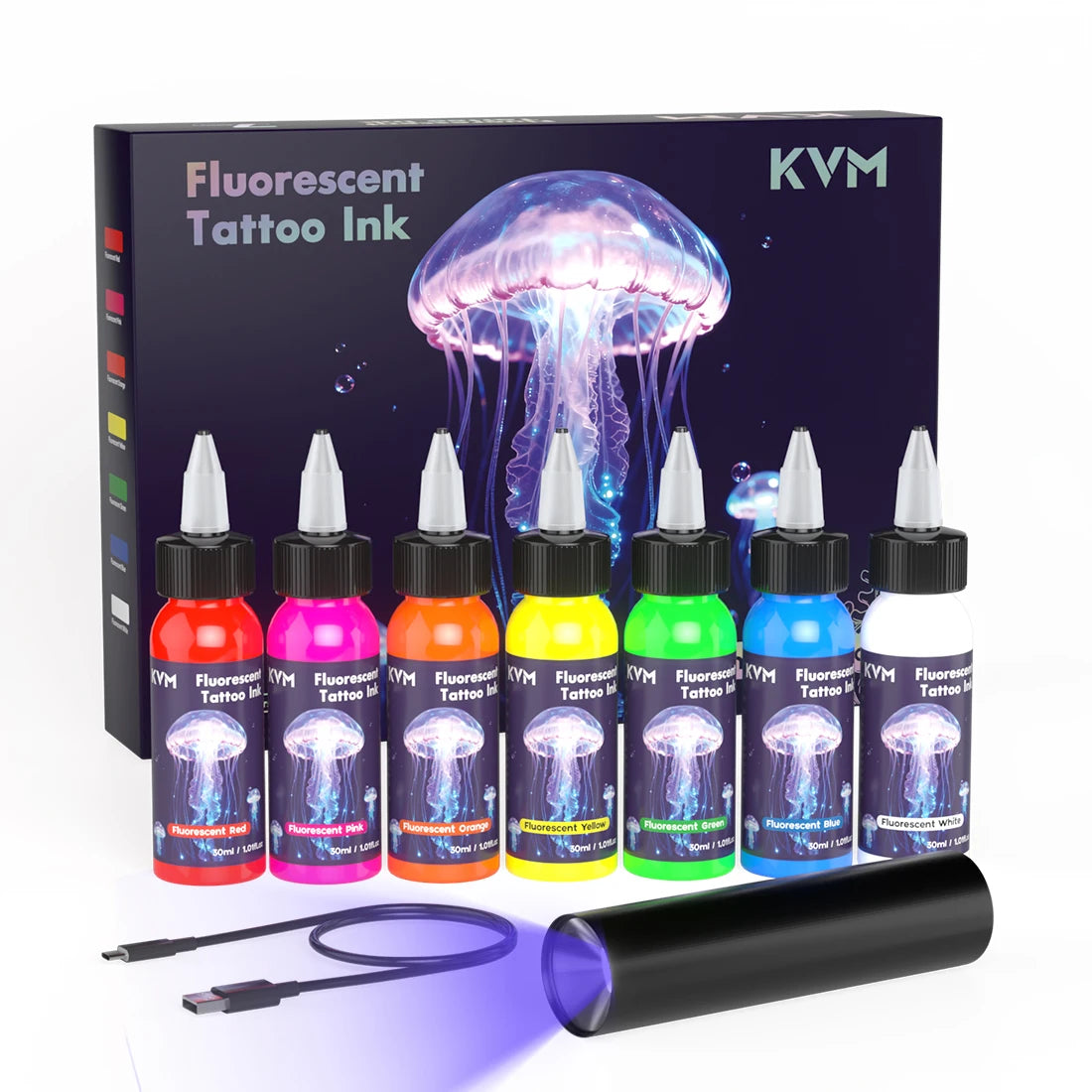 Fluorescent Tattoo Ink 30ml 7 Color Pigment Equipped with Ultraviolet Light Illumination Suitable for Body Art Tattoo Supplies