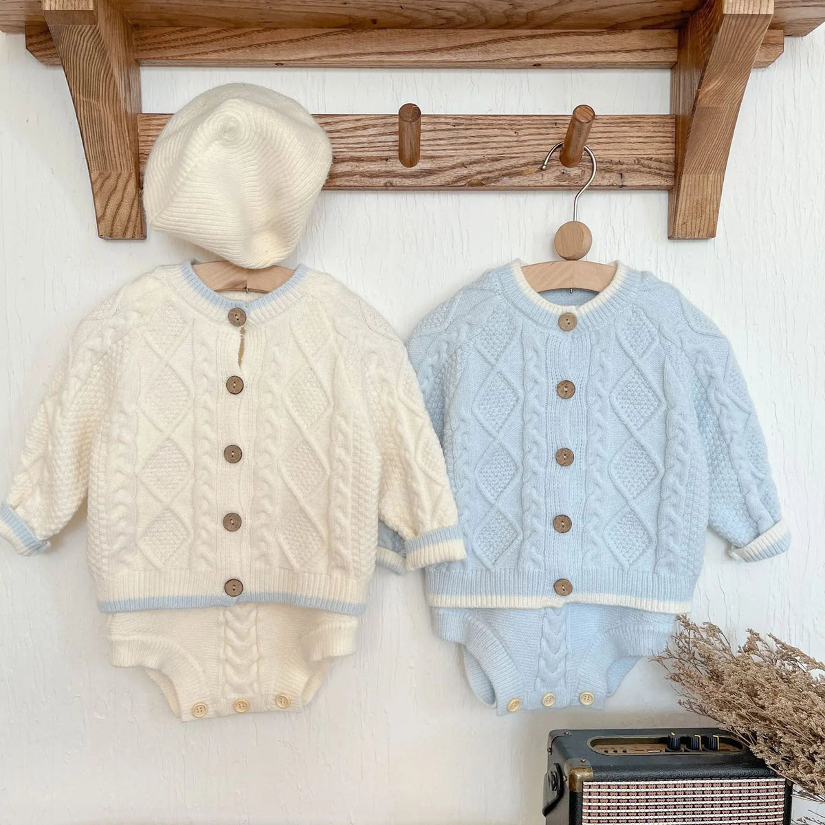 Unisex Baby Girl Clothes Set Spring Autumn Knitted Romper with Cardigan Infant Boy Jumpsuit Outfit Newborn Soft Suspender Suit