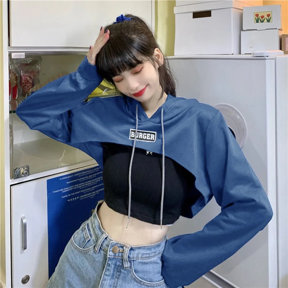 All Match Y2K Ultra Short Hoodie Loose Tees Shrug Pullover Streetwear Drawstring Women's T-shirt Summer