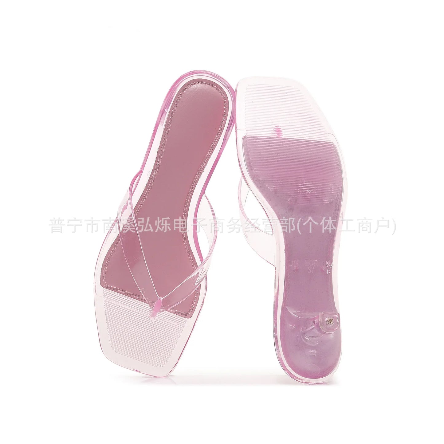 Vacation Elegant Kitten Heel Thong Sandals, Square Toe Clear Brown Jelly Flip Flops, Women Summer Comfortable Beach Party Shoes