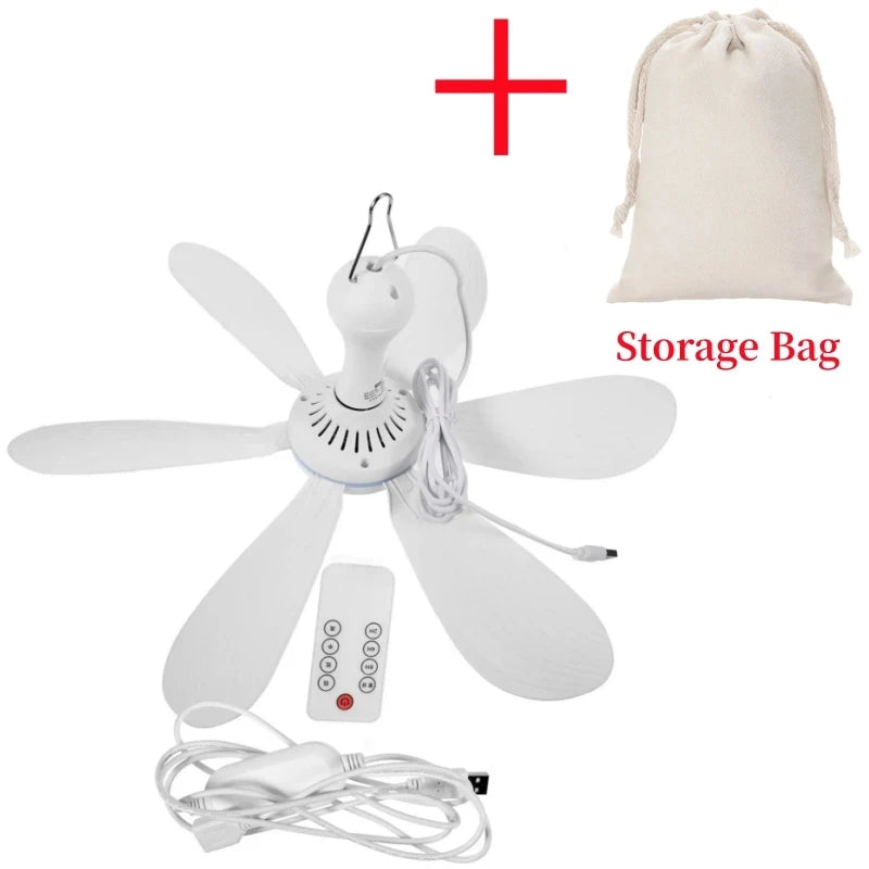 Silent 6 Leaves USB Powered Ceiling Canopy Fan with Remote Control Timing 4 Speed Hanging Fan for Camping Bed Dormitory Tent New