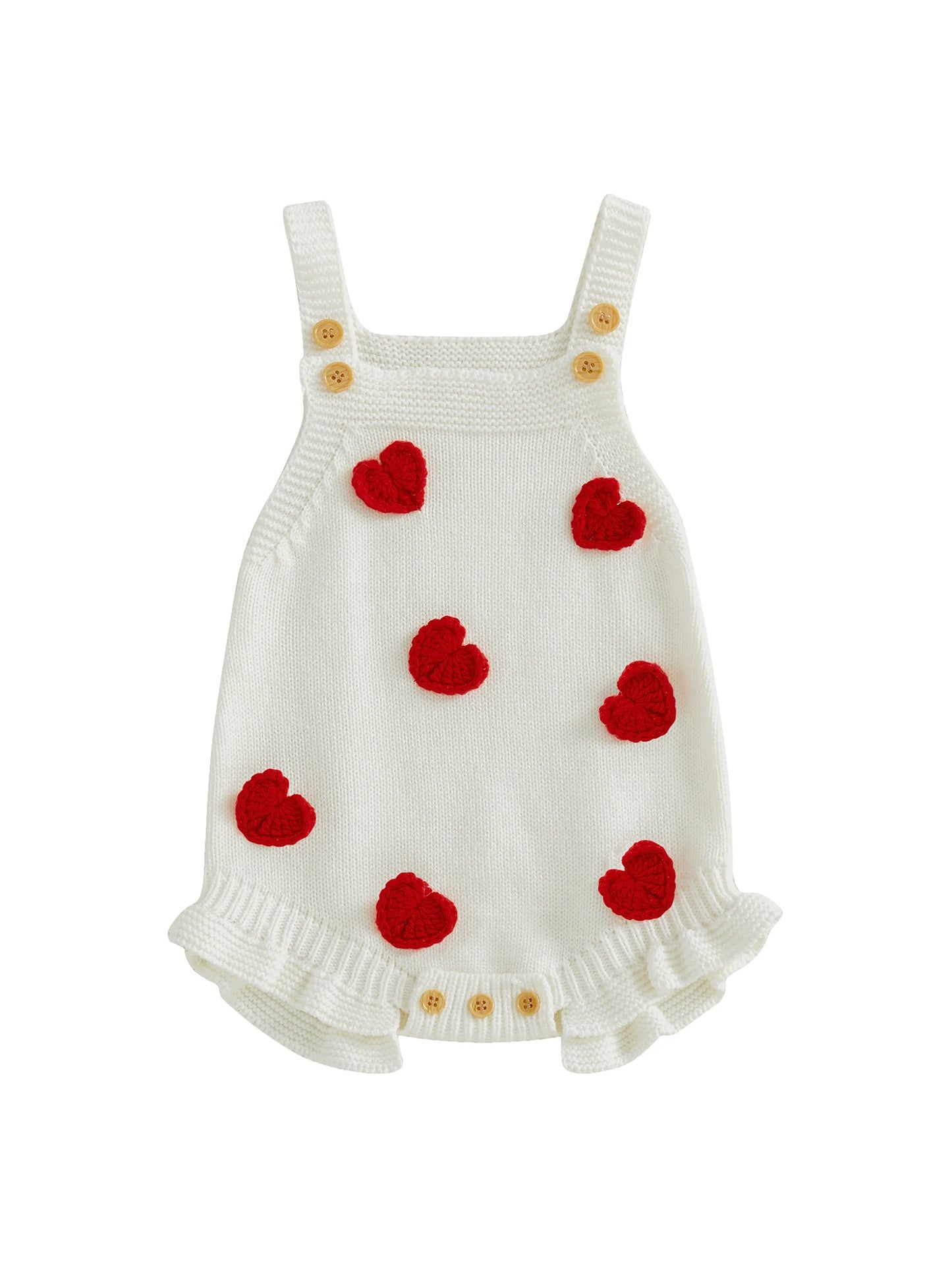Baby Girl Valentine’s Day Romper Sleeveless Square Neck Heart Bodysuit Newborn Knit Overalls