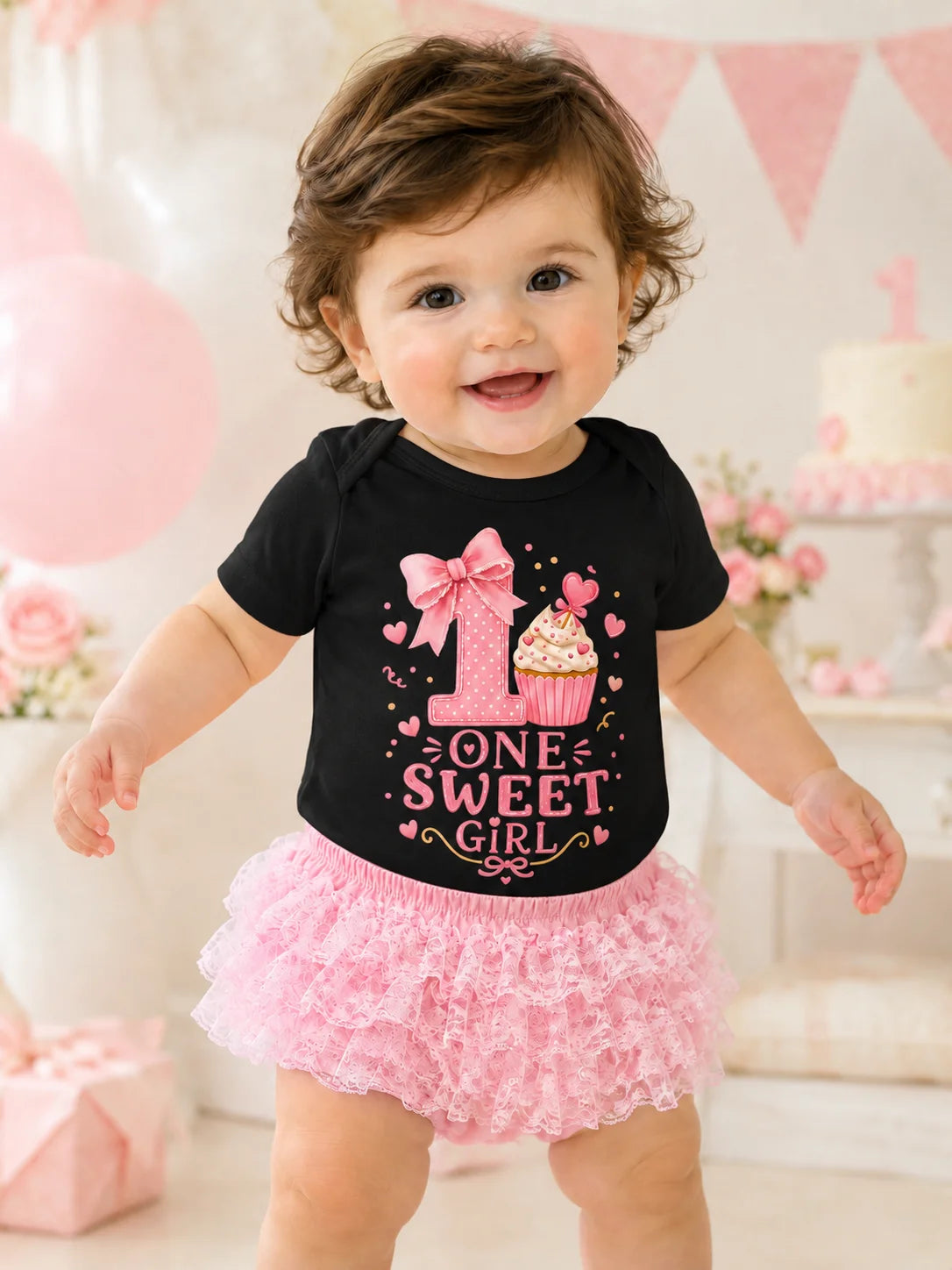 Baby Girl 1st Birthday Outfit One Sweet Girl Cupcake Print Short Sleeve Bodysuit Pink Lace Tutu Skirt 2Pcs Cake Smash Photo Shoo