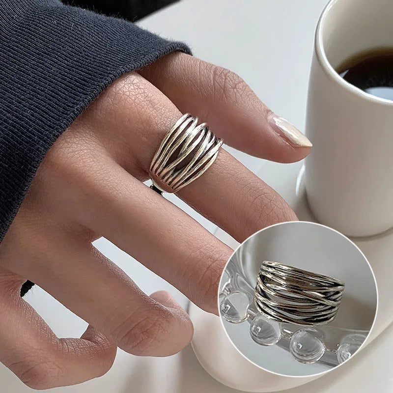 VENTFILLE 925 Sterling Silver Geometric Line Cross Wrap Open Ring For Women Gift Irregular Punk Adjustable Jewelry Dropshipping