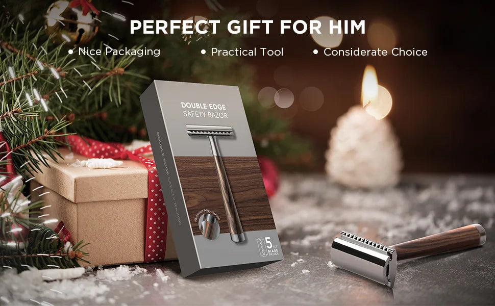 Advanced Double Edge Safety Razor Faux Wooden Handle Heavy Duty High Quality Men's Shaving Tools Including Gift Box With 5 Blade