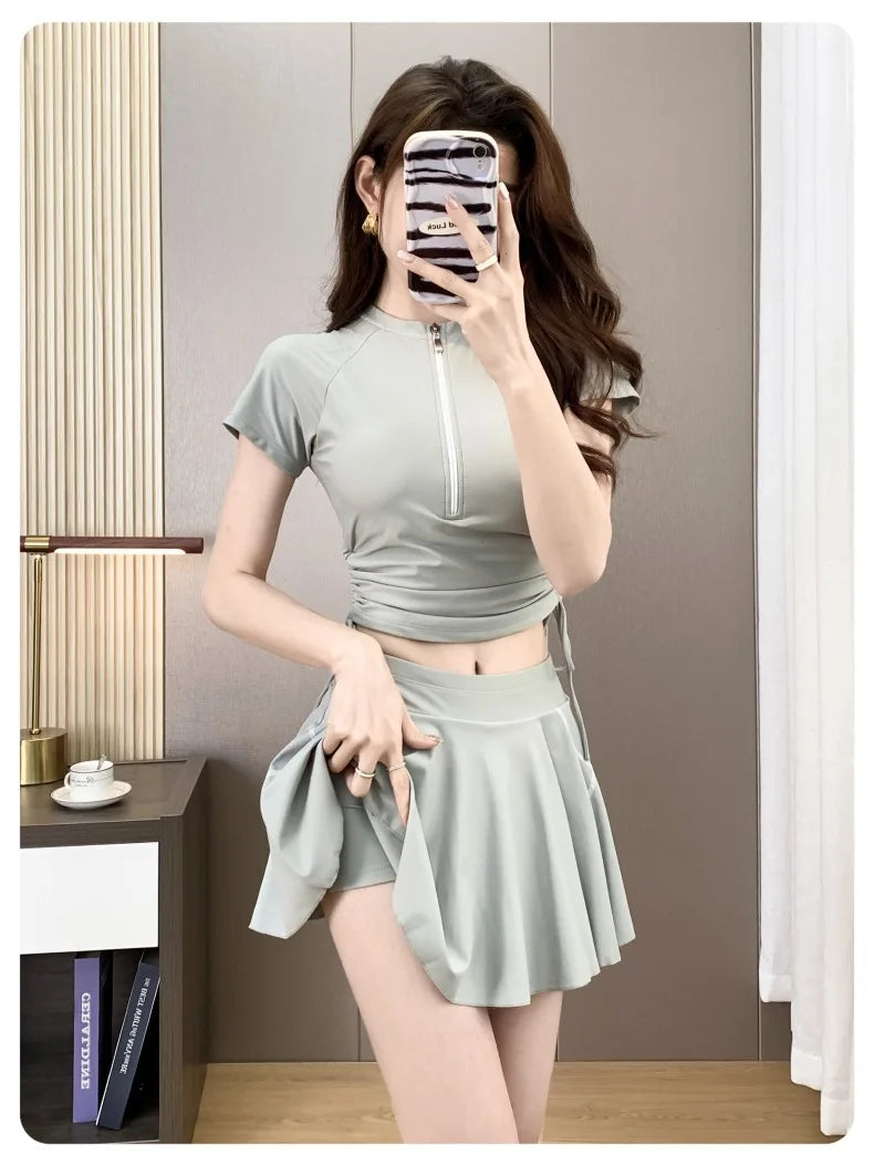 Women Split Sports Swimsuit 2026 New Short Skirt Two Piece Set T-Shirt Cover Up Sun Protection Swimming Outfit for Teen Students