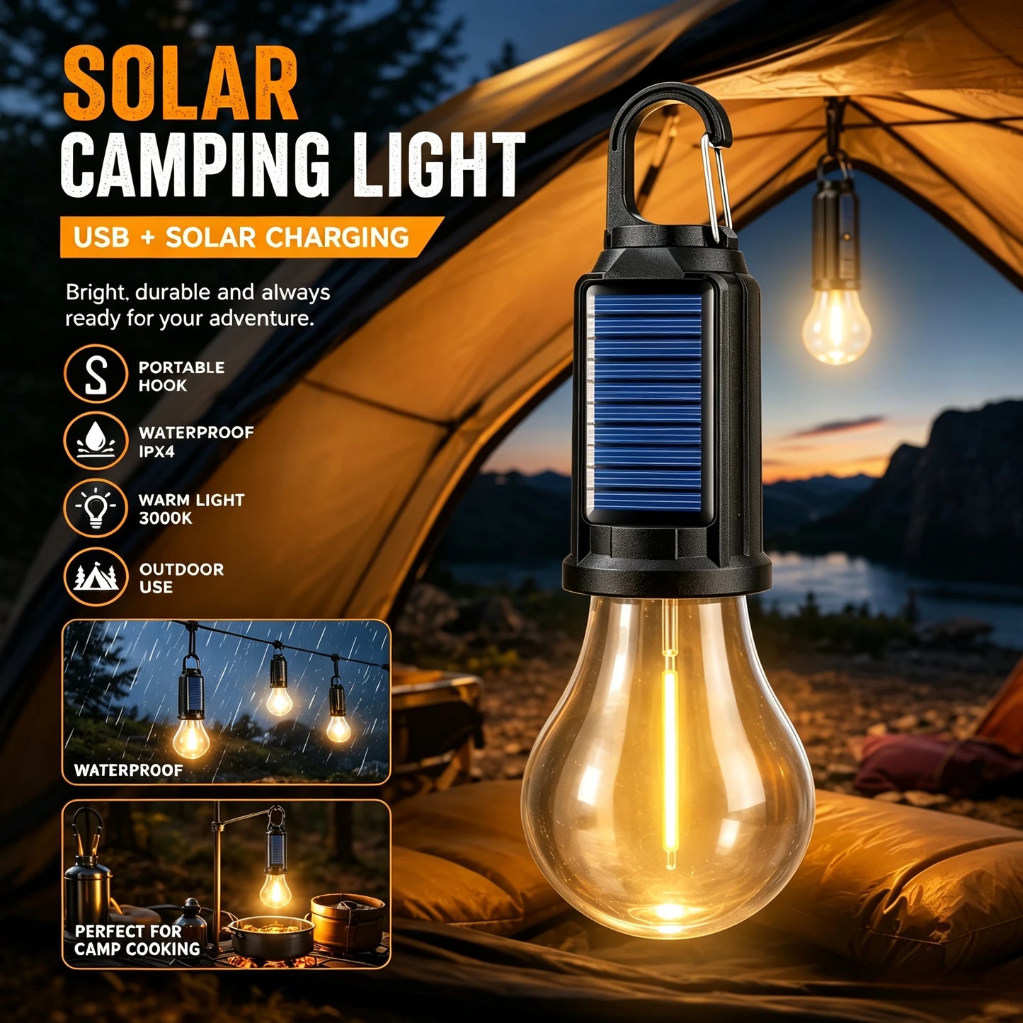 Solar Camping Light Bulb USB Rechargeable Hanging Tent Lamp Waterproof Portable Outdoor Lantern for Camping BBQ Garden Decor