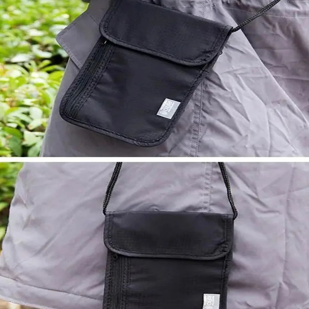 Waterproof RFID Nylon Travel Document Bag - Neck Wallet Money Pouch for Passport Cards - Storage Bag for Travel Essentials