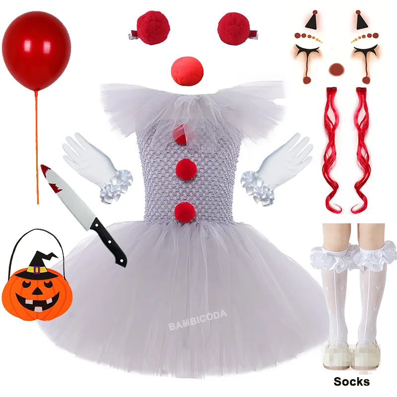 Halloween Pennywise Costume Creepy Clown Gray Tutu Dress Outfit Girls Fancy Carnival Party Tulle Dresses Joker Clothes