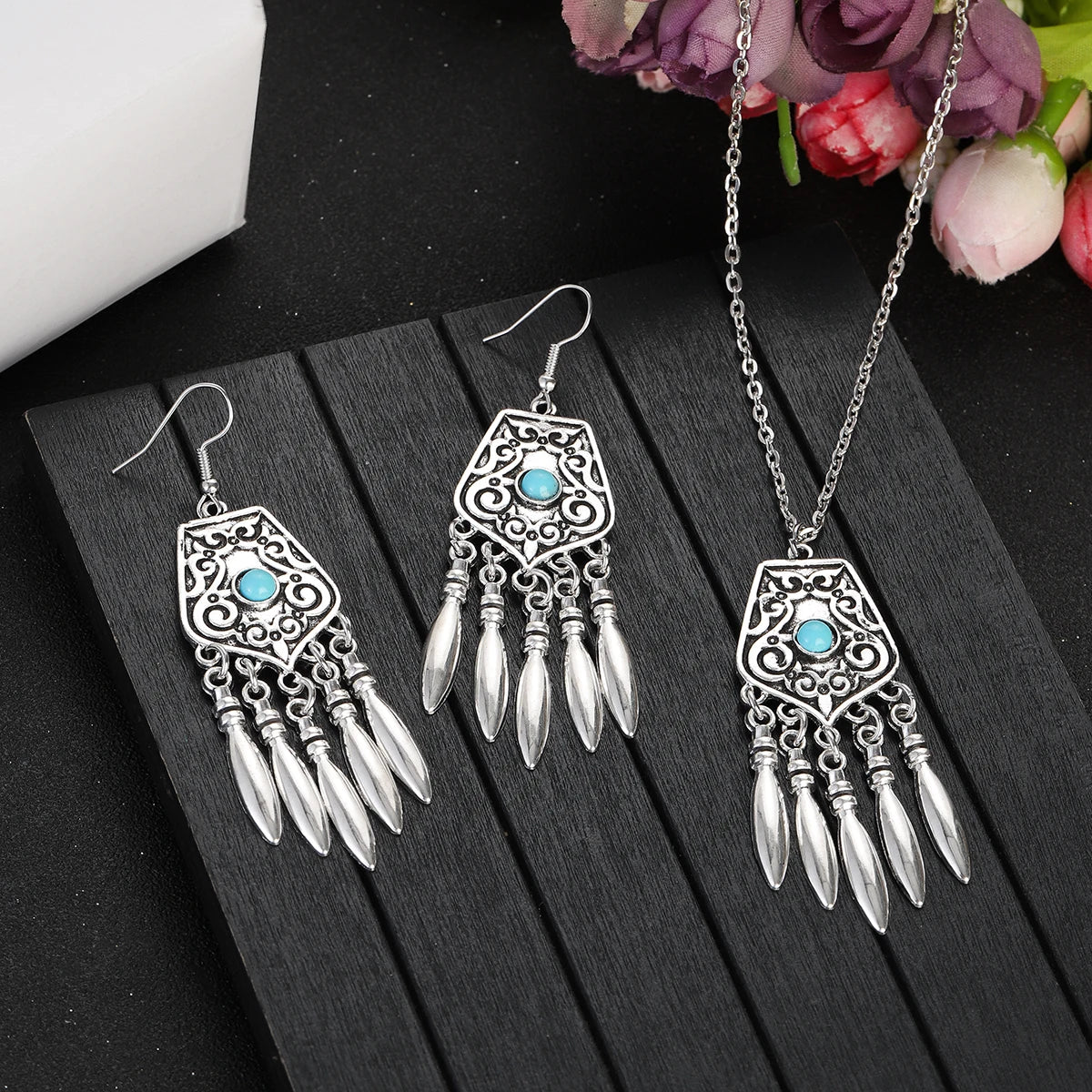 2023 Indian Jewelry Set Ethnic Silver Plated Geometric Carved Tassel Earring Necklace Women's Blue Turquoises Chain Jewelry