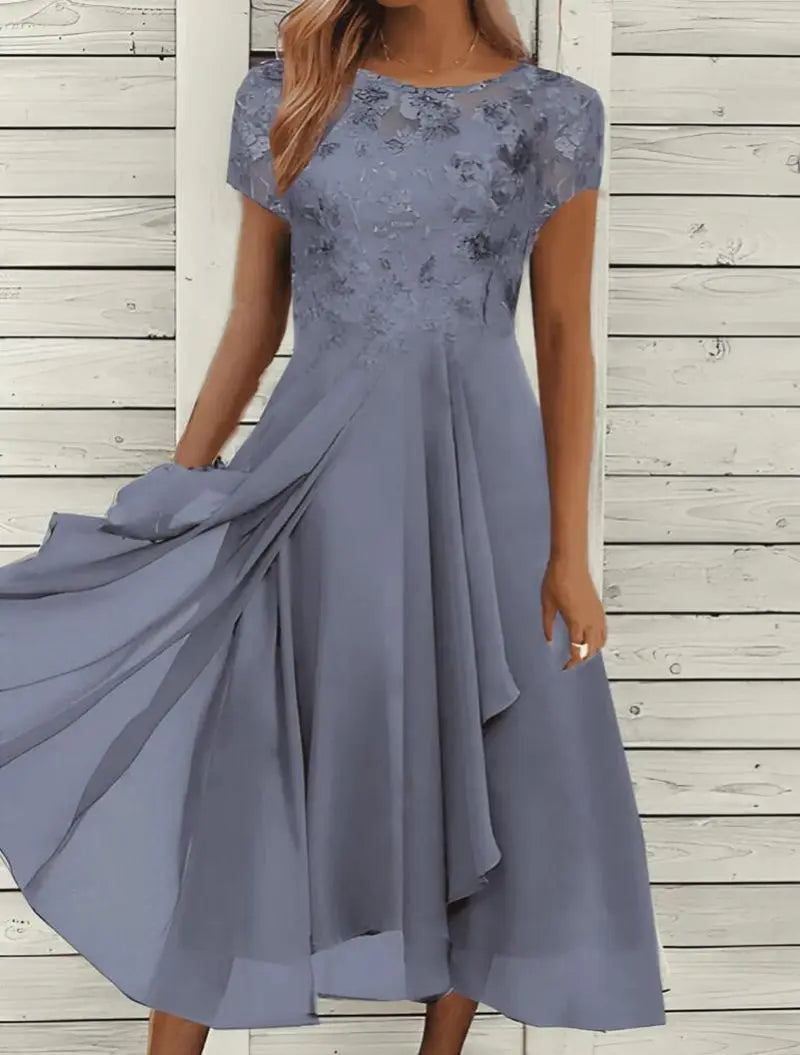 New 2025 Women's Lace Dress for Party Elegant Bride Wedding Dress Plus Size Jewel Neck Knee Length Chiffon Lace Long Party Dress