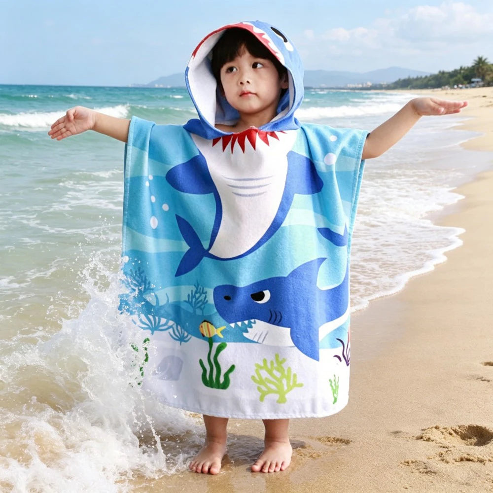 60-120cm Kids Hooded Bath Beach Poncho Towels Baby Quick Dry Bathrobe Child Cartoon Cloak Poncho Towels Microfiber Swim Cover-up