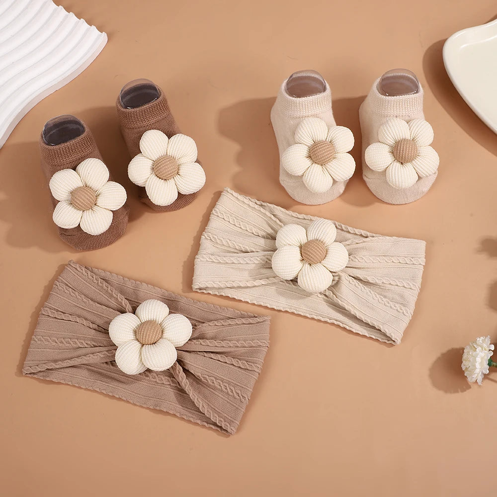 2Pcs Set Baby Floral Headbands and Socks Knitted Flower Elastic Hairbands Cute Newborn Girls Photo Props Baby Hair Accessories