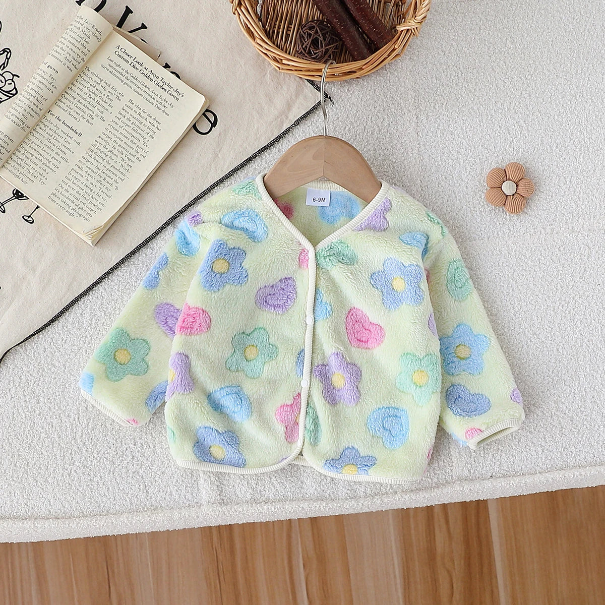 Baby Girl's Autumn Winter Plush Coat Cute Casual Colorful Flower Design Front Open Button Long Sleeve Jacket for Toddlers