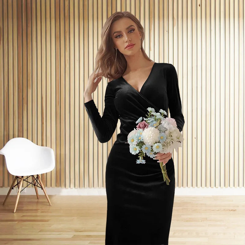 Lady Dress New Year Christmas Elegant vintage velvet autumn Winter V-neck long sleeve stretch waist length dress Party Dress