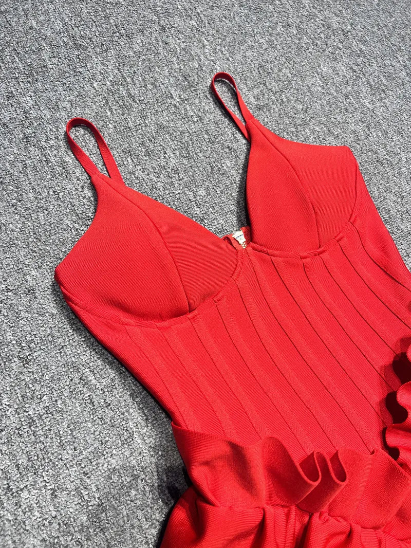 Valentine's Day Women Sleeveless V-Neck Ruffles Bodycon Long Bandage Dress Celebrate Evening Party Birthday Cocktail Dress