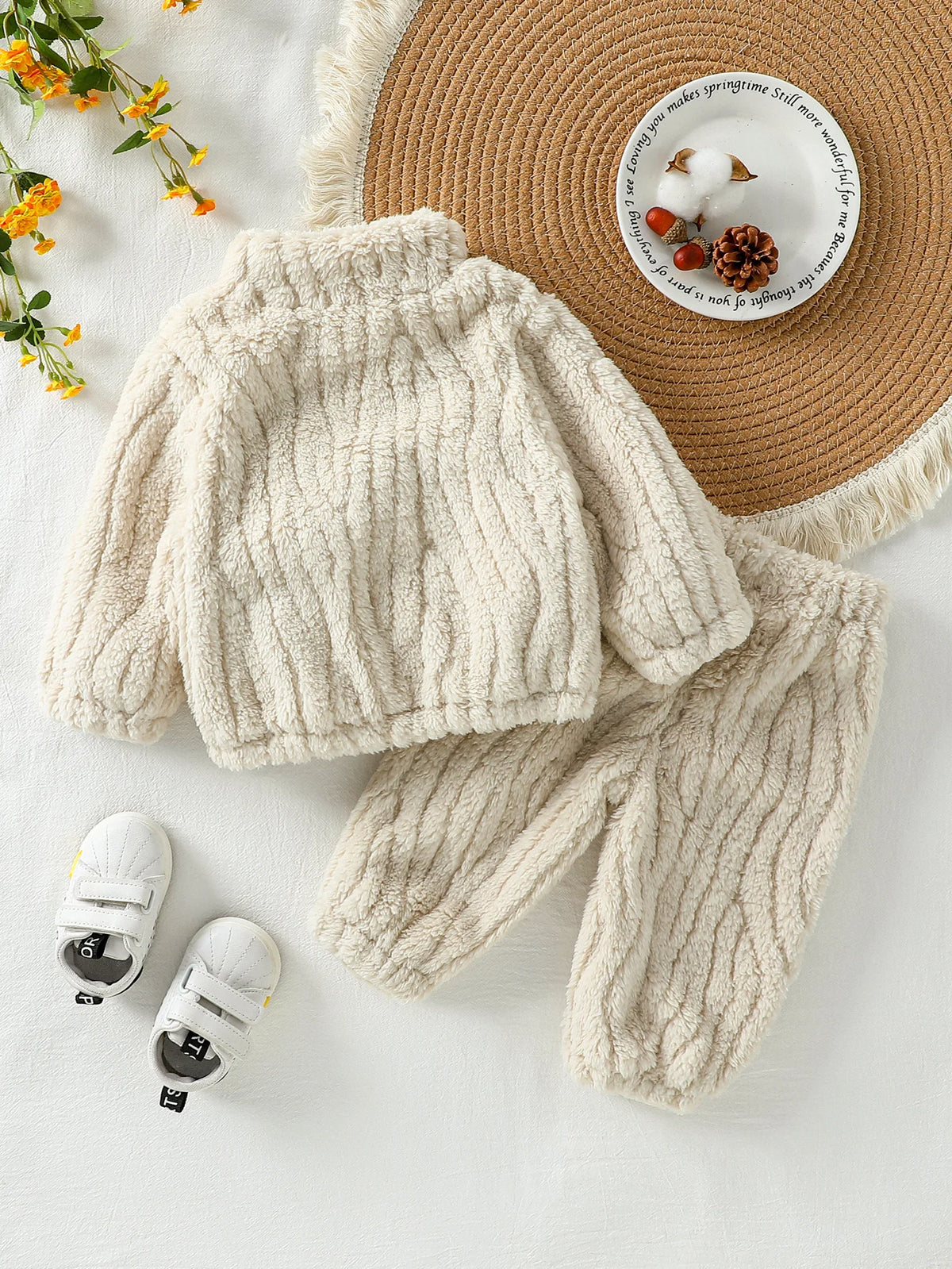 2025 New Casual Autumn /Winter Boys/Girls Long Sleeve Solid Warm Plush Sets For 1-3Y Zip-Up Coat Outfits Clothing Suit