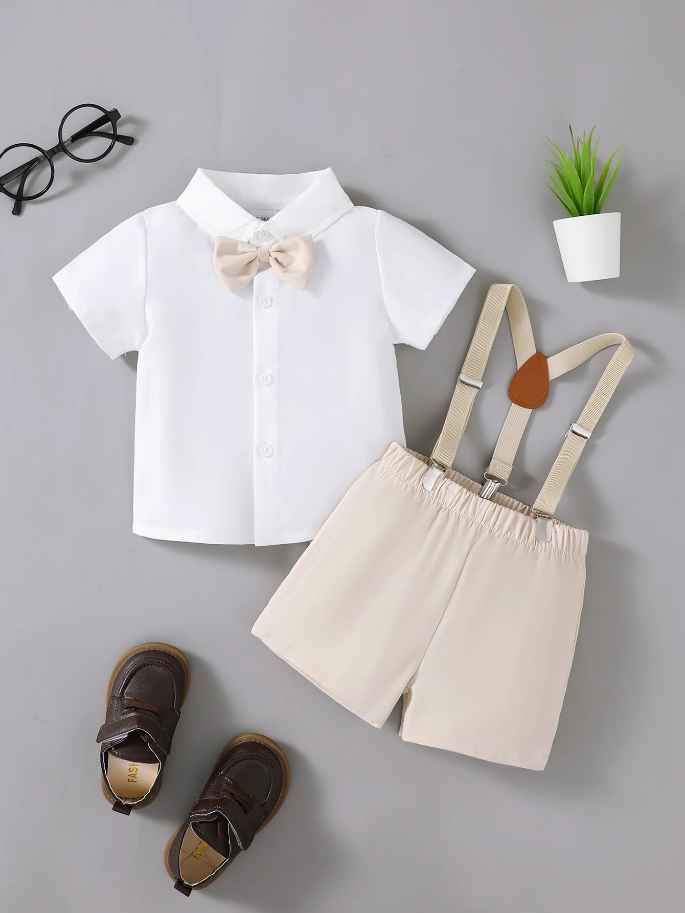 Summer  0-3 Years Old  Infant Baby  Girls  Short  Sleeved Lapel  Top  and Straps  Shorts   Casual  2-Piece  Set