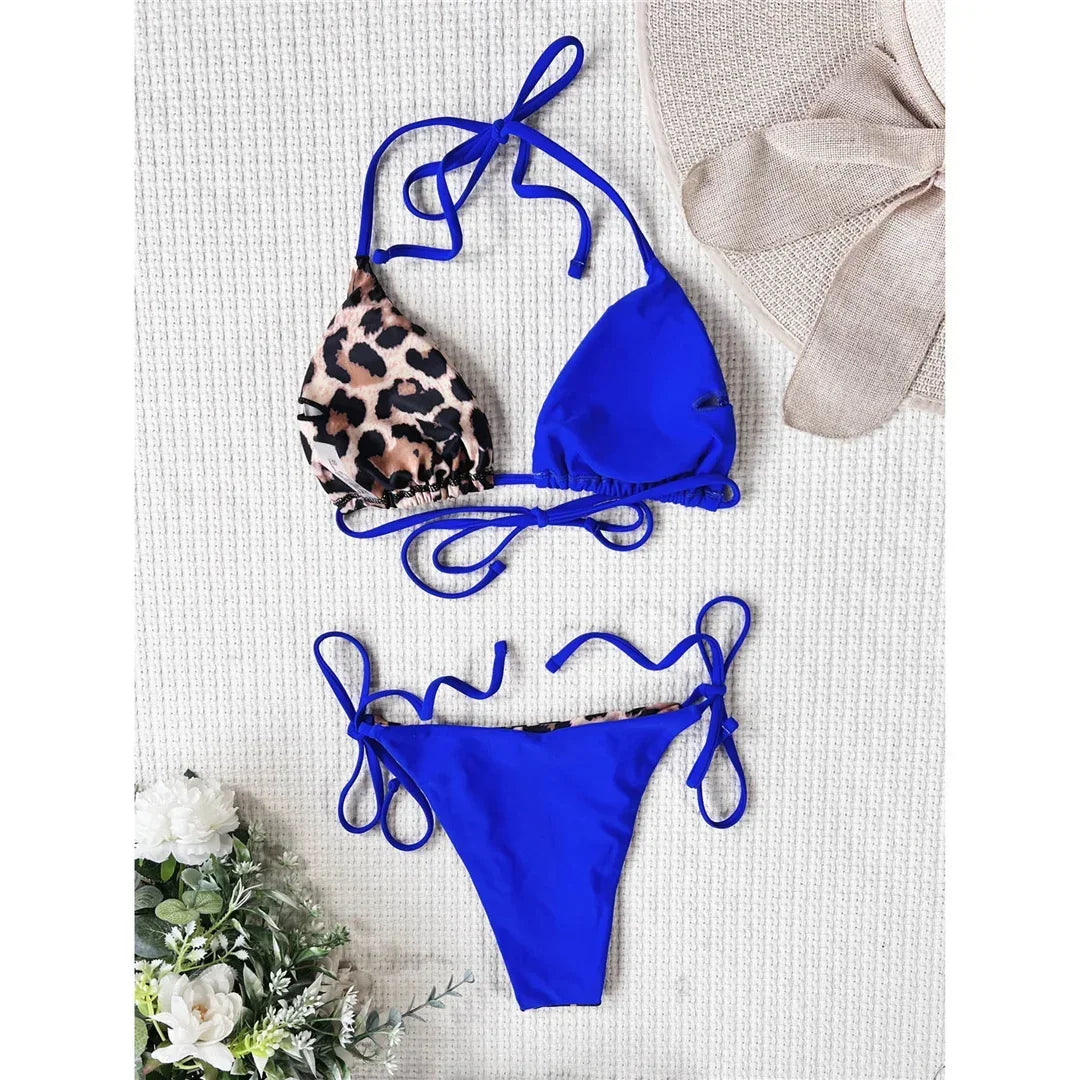 Halter Splicing Leopard Bikinis 2026 Satin Bikini Female Swimsuit Women Swimwear Two-pieces Bikini Set Micro Bathing Suit Swim
