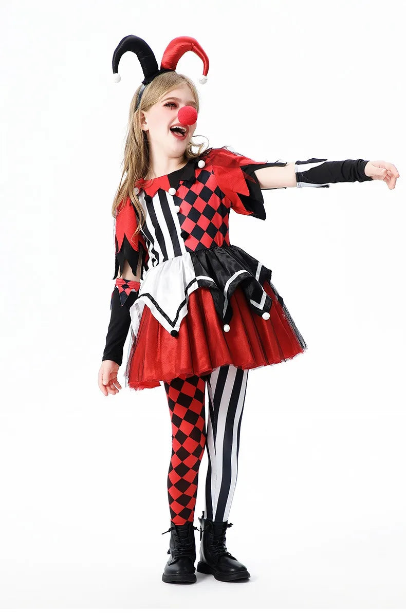 Halloween Cosplay Costumes Horror Clown Dresses Pants Headwear Clothes Sets Carnival Theme Party Role Playing Outfits for Girls