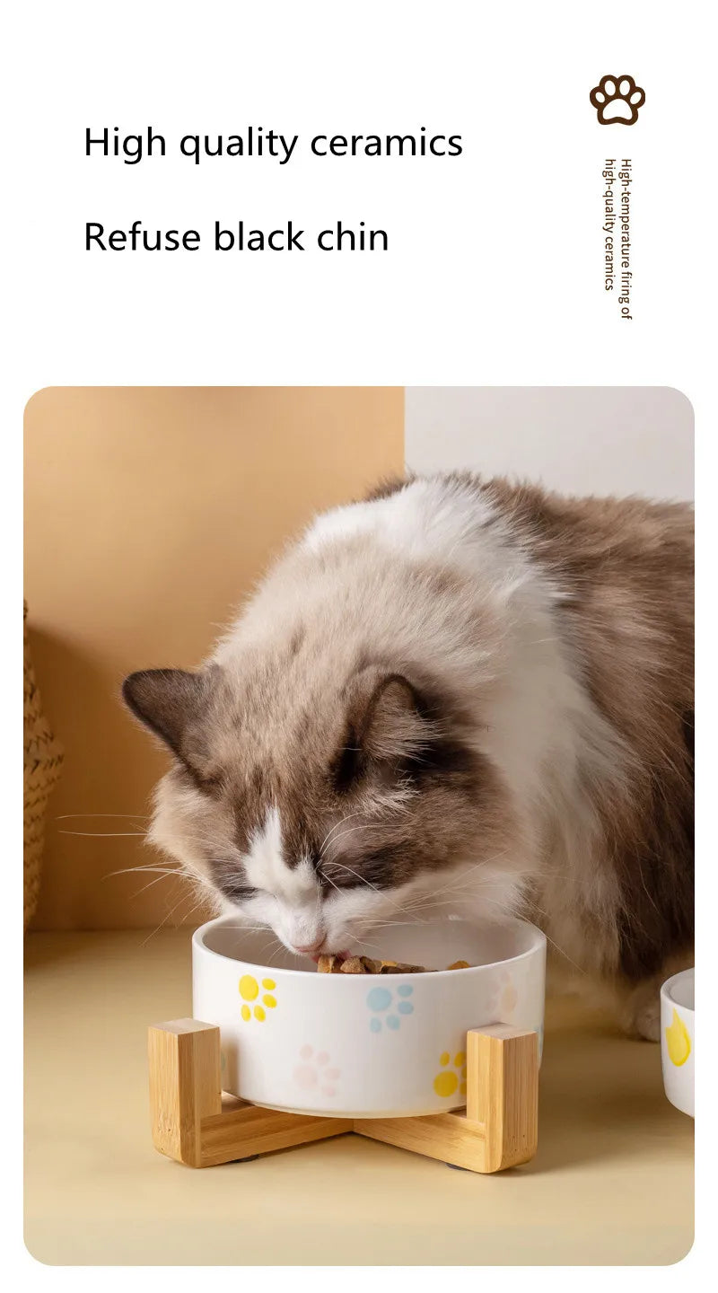 Ceramics Dog Bowl with Wood Mat Wide Mouth Feeding Bowls Food and Water Pet Feeder for Cat Puppy Protecting Cervical Spine