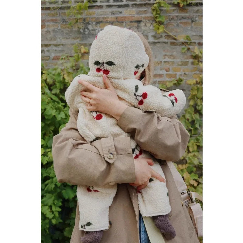 2025 Winter Long Sleeve Baby Fleece Hooded Jumpsuit Cherry Print Infant Warm Romper Crawling Outfit Newborn Clothes
