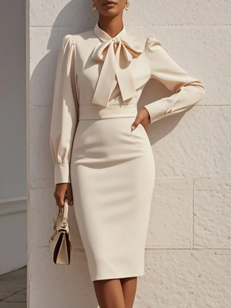 Elegant Slim Party Dresses For Women 2025 Fall Long Sleeve Bow Solid Color O-neck Midi Dress Casual