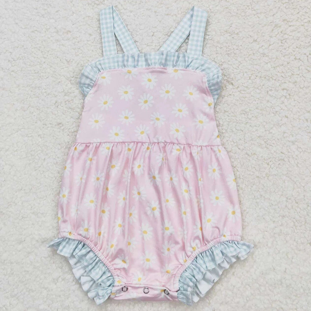 New Fashion Baby Girls Rompers Pink Checkered Flowers Short Sleeve Rompers Boutique Toddler Girls Bubbles Summer Baby Onesie Hot