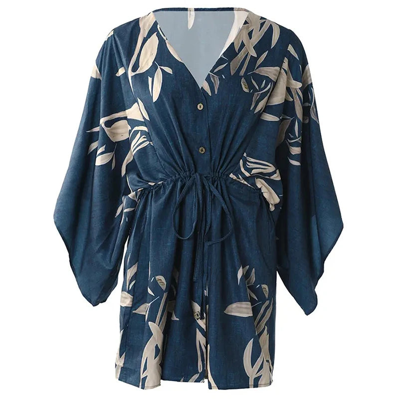 Women Casual Loose Dress Beach Boho Dress Fashion Vintage Print V Neck Drawstring Mini Dress Summer Dresses Robe Femme 2022