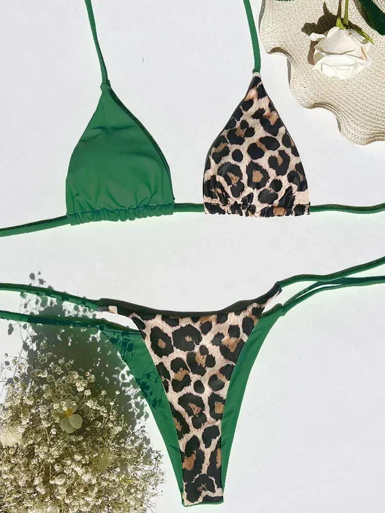 Halter Splicing Leopard Bikinis 2026 Satin Bikini Female Swimsuit Women Swimwear Two-pieces Bikini Set Micro Bathing Suit Swim
