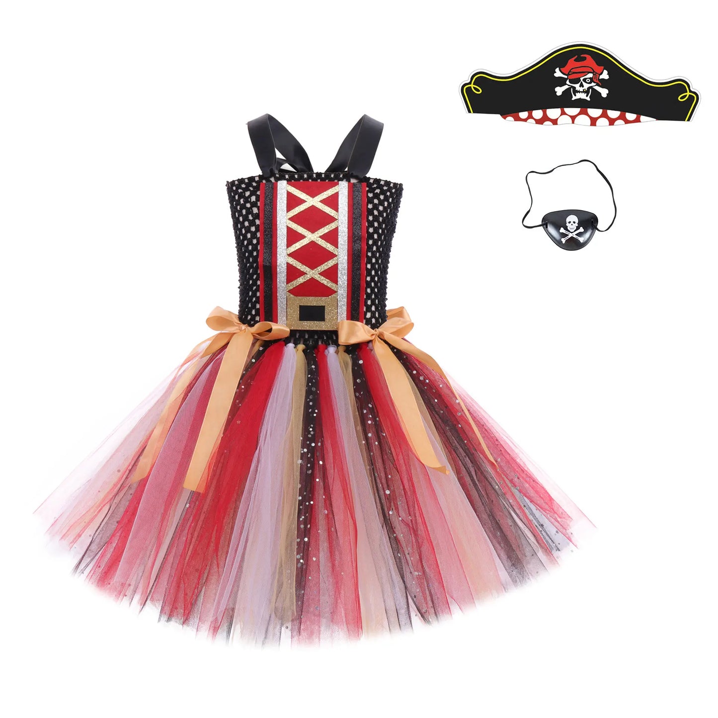 2-12Yrs Children Cosplay Villain Costume Tutu With Hat Girls Halloween Party Outfit Black Red Off Shoulder Princess Pirate Dress