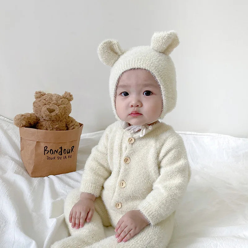 Baby Outfit Newborn Photography Props Mohair Knitted Bear Rompers Footed Jumpsuit Hat 2pcs/Sets Photography Clothing Accessories