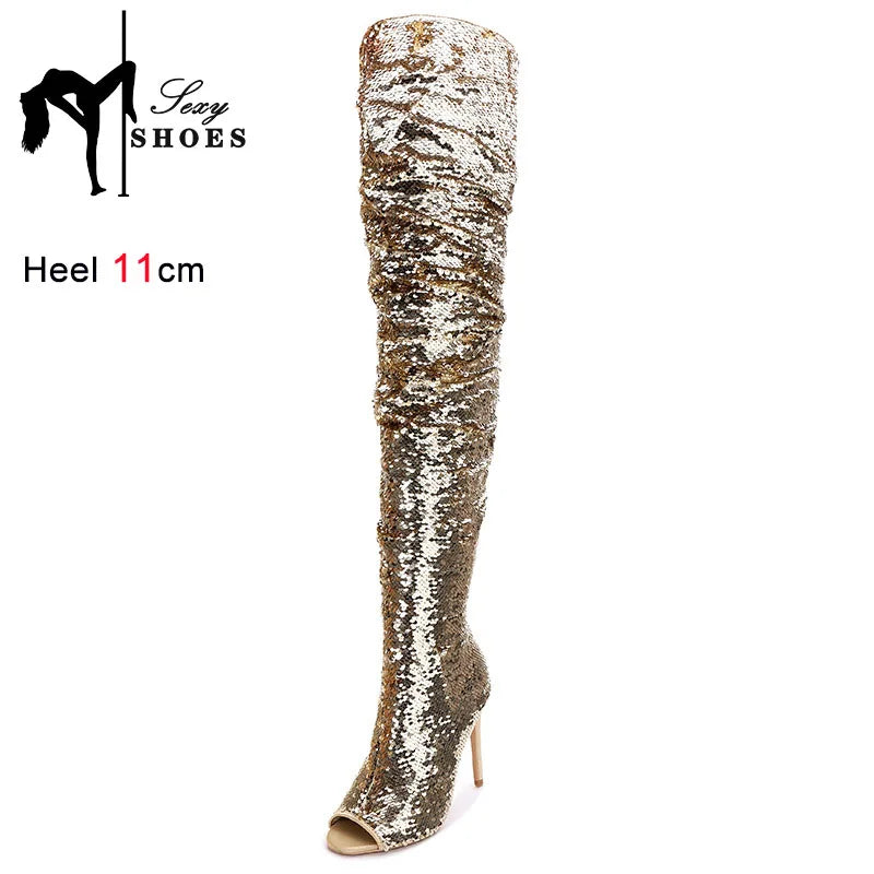 Fashion Wrinkle Women Long Boots Blue Sequined High Heels 11CM Nightclub Queen Peep Toe Shoes Shiny Over The Knee Boots Female