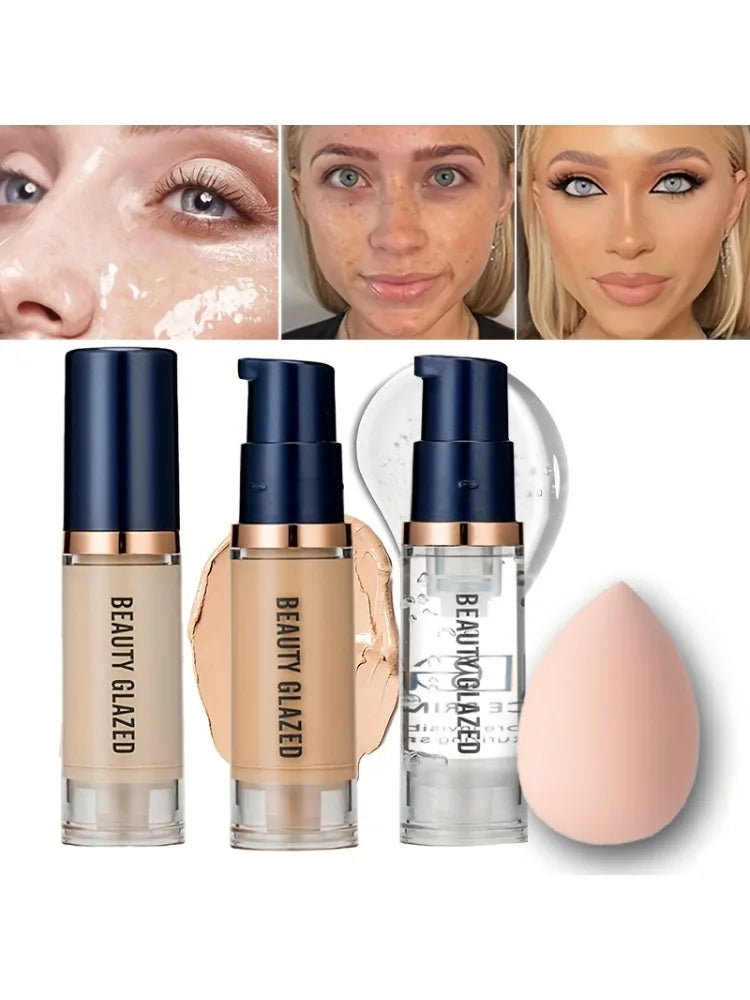 BEAUTY GLAZED 3Pcs Face Makeup Set, Matte Long Lasting Waterproof Liquid Foundation+Primer+Puff
