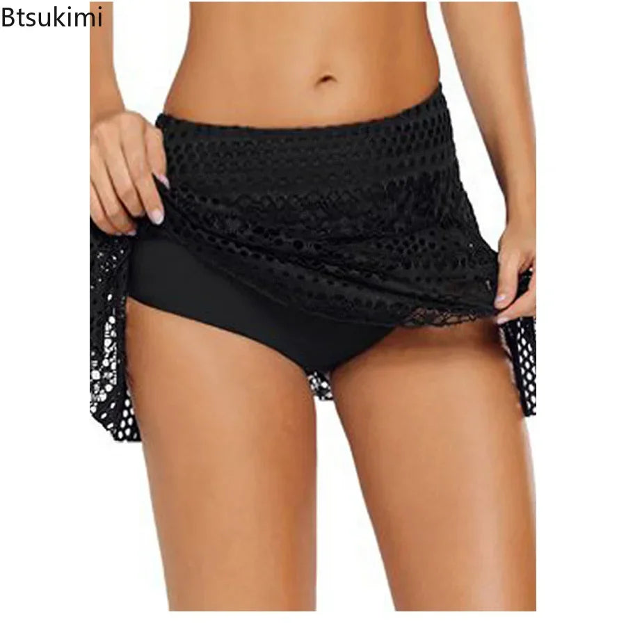 Women's Summer Shorts Skirt Swimwear Fashion Ladies Mini Mesh Lace Crochet Tiered Elastic Waist Famale Sexy Short Swimsuit Pants