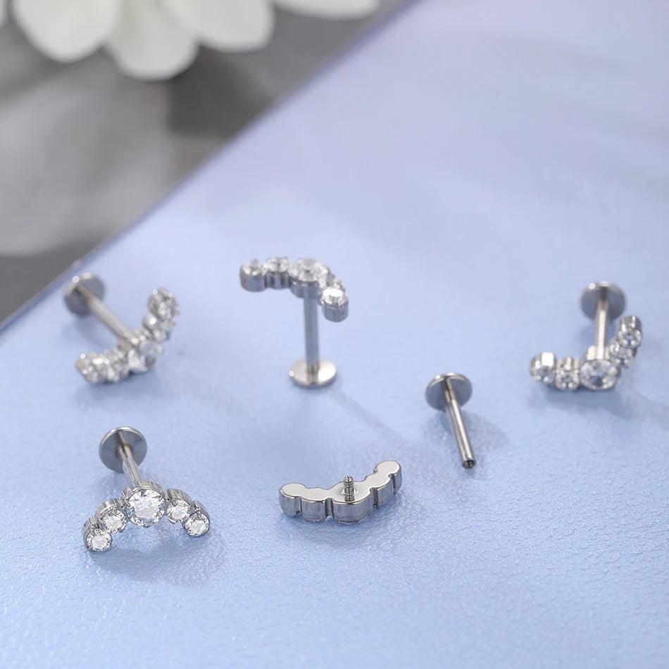 1/5PCS Titanium Ear Studs Cartilage Earrings 5 CZ Stone Labret Ring Stud Helix Cartilage Tragus Piercings Lip Jewelry for Women