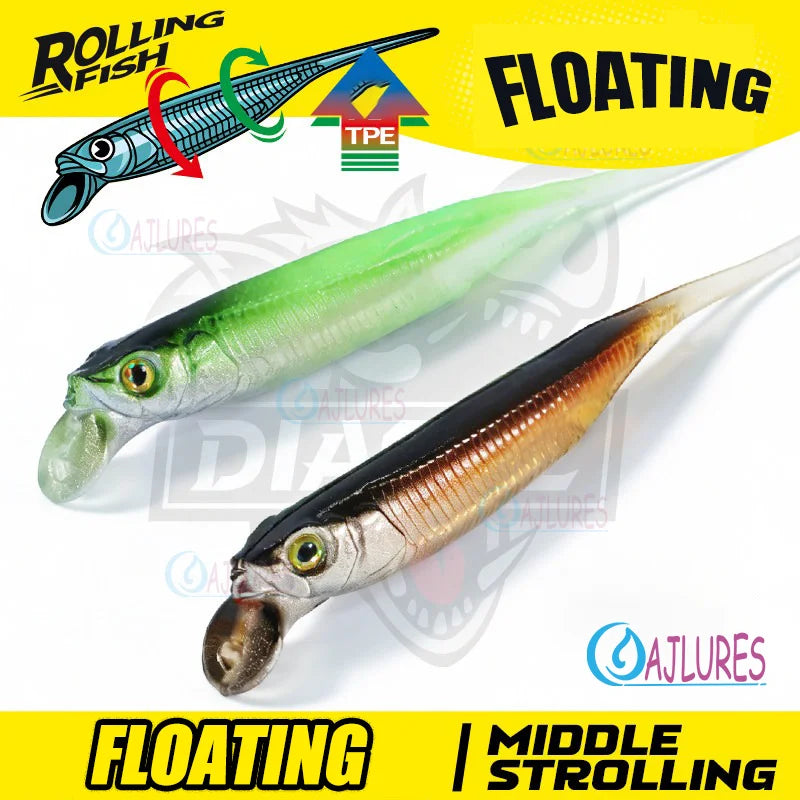 Rolling Fish Floating TPE Soft Lure 2.5" 3" Hollow Channel Design Wobbler Soft Bait Left‑Right Rolling Action Artificial Baitait
