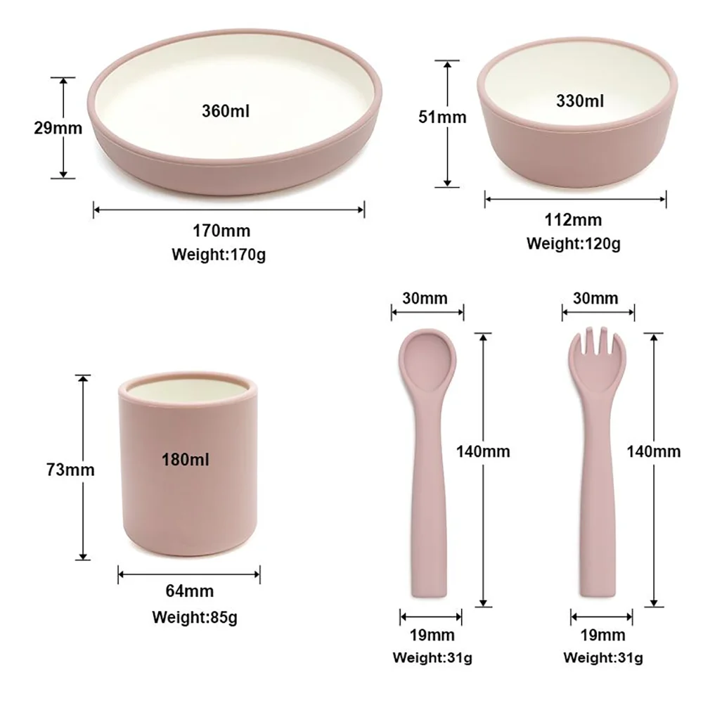 Modern Scandinavian Style 5-Piece Baby Feeding Set, Minimalist Two-Tone Silicone Bowls & Plates, No-Suction feeding set  Design
