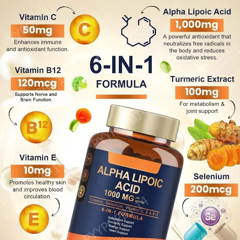 Alpha Lipoic Acid 6-in-1 Formula 1000mg, Turmeric Selenium Vitamins C E B12, 120 Veggie Capsules for Daily Wellness Support