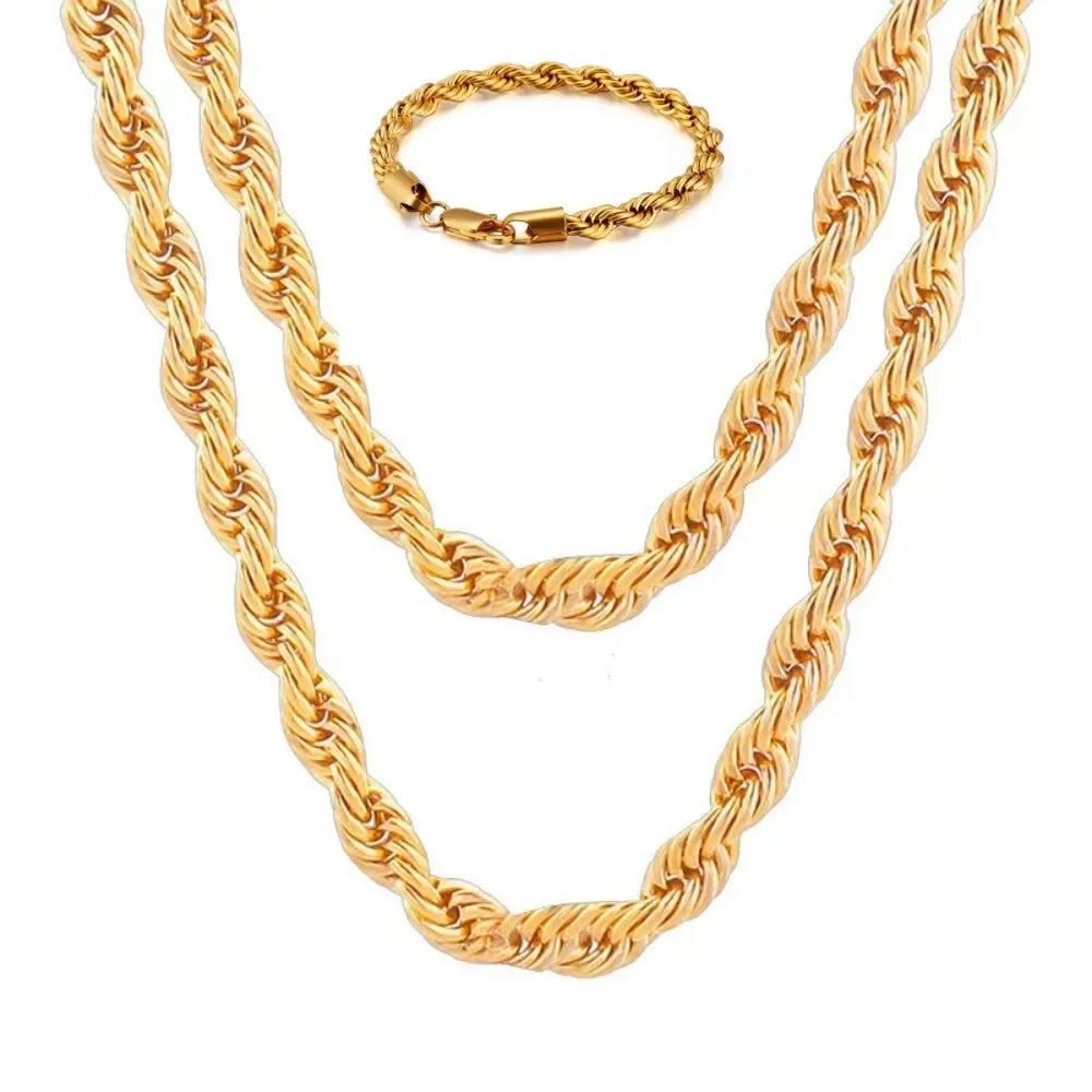 Hot Sale 2pcs Set 18K Gold 4MM Chain Rope Necklace Bracelets Set Fashion for Man Boy Lady Women Christmas Gifts Jewelry Wedding