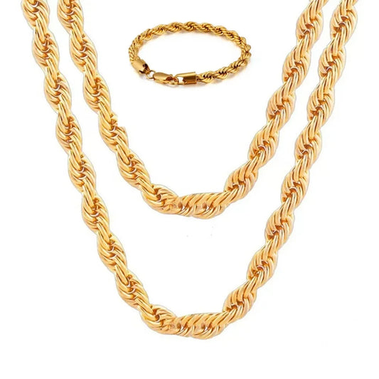 Hot Sale 2pcs Set 18K Gold 4MM Chain Rope Necklace Bracelets Set Fashion for Man Boy Lady Women Christmas Gifts Jewelry Wedding