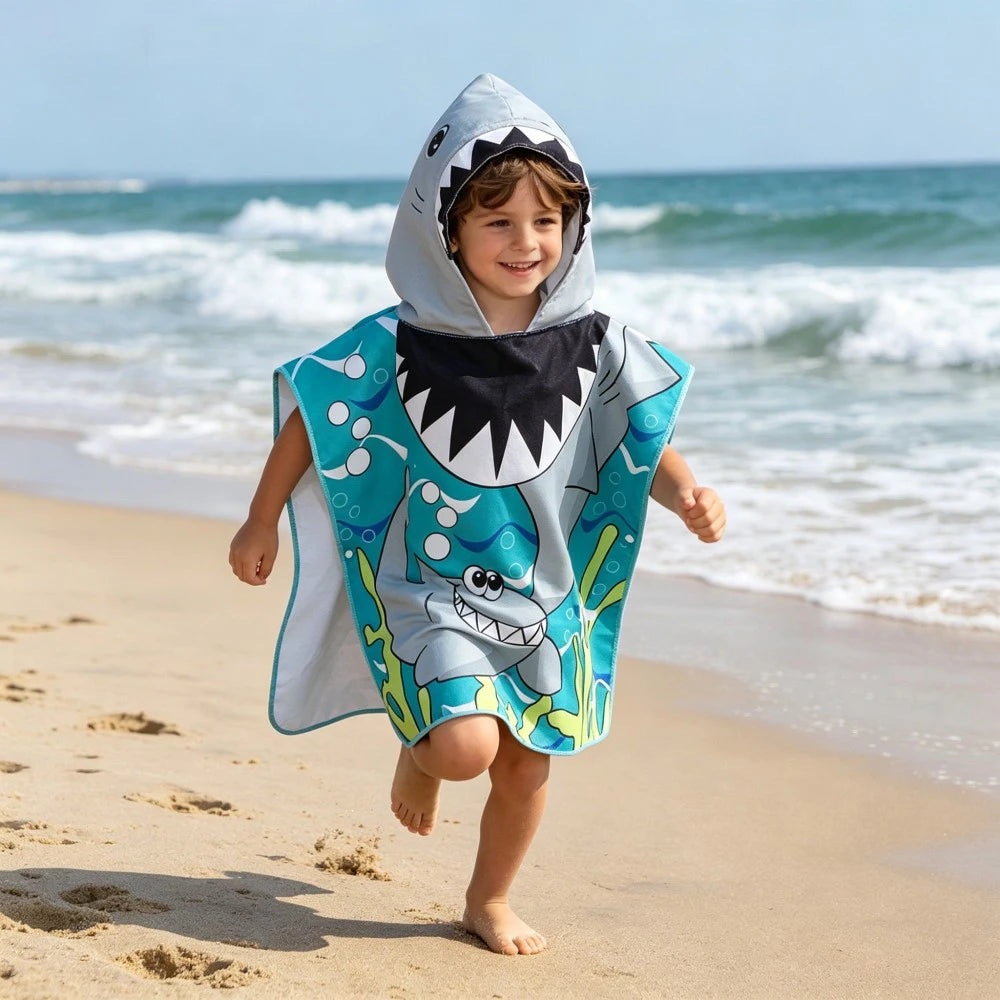 60-120cm Kids Hooded Bath Beach Poncho Towels Baby Quick Dry Bathrobe Child Cartoon Cloak Poncho Towels Microfiber Swim Cover-up