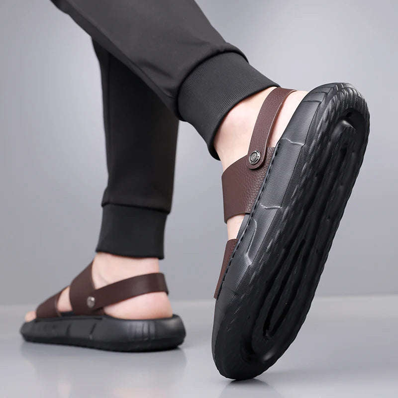 Man Retro Outdoor Comfort Thick Soled Leather Sandals Men's Summer New Men Sandals Luxury Quality  Beach Anti Slip Men Slippers