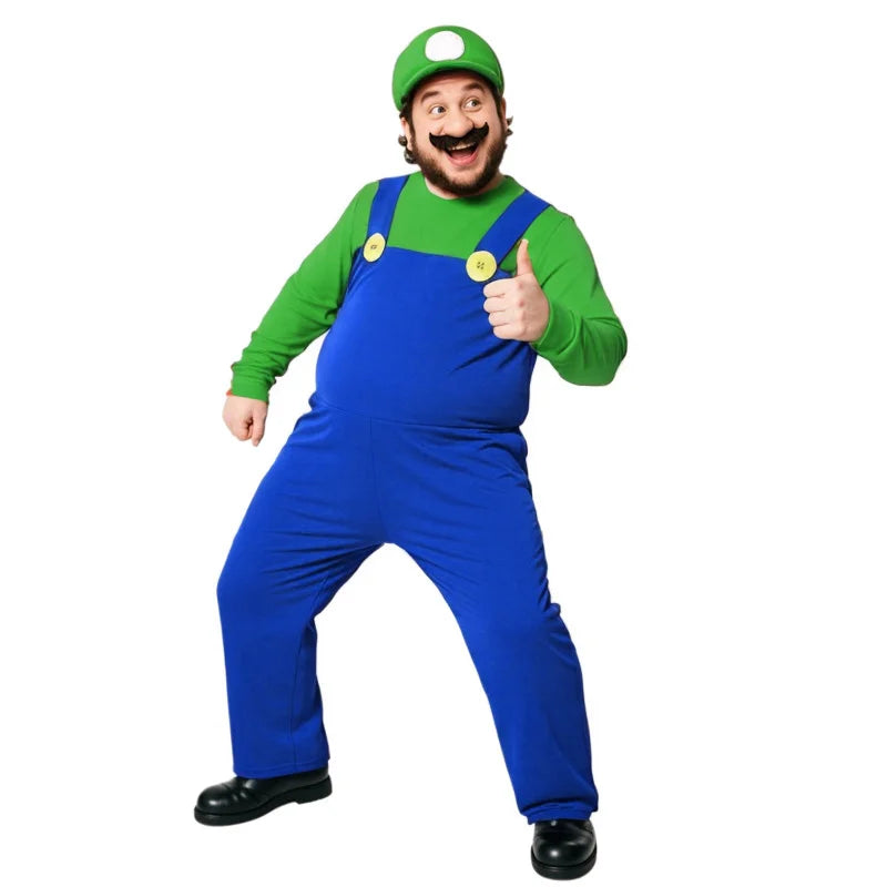 Halloween Men's Plumber Jumpsuit Roleplay Costume (Includes Hat, Gloves, Mustache Accessories) Available in Red, Yellow, Purple