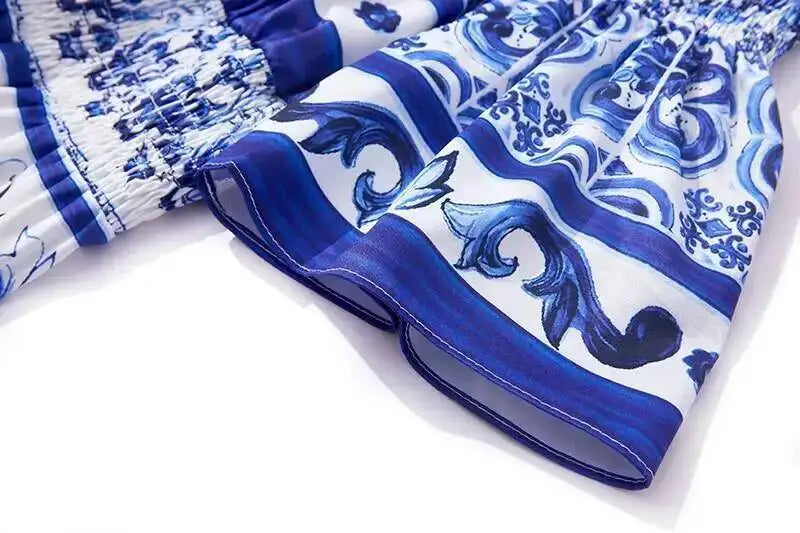 JAMERARY Summer Runway Blue White Porcelain Print Midi Dress Women's Straps Flare Sleeve Elastic Waist Cotton Floral Vestidos