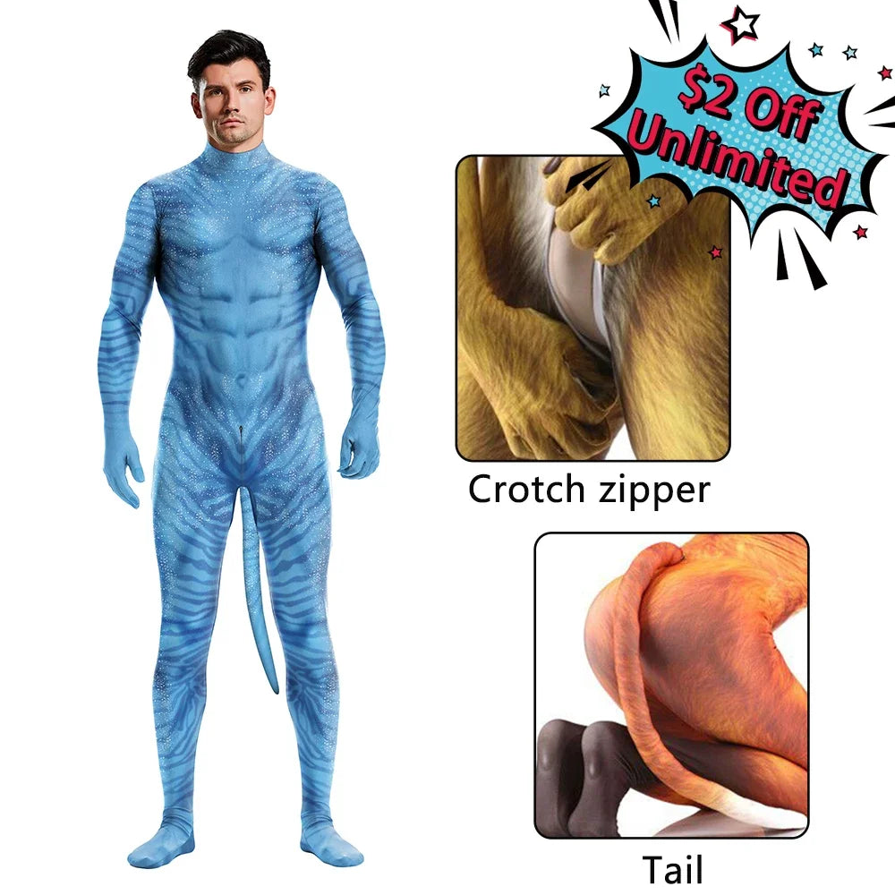 Halloween Cosplay Costume Male Adult Full Cover Elastic Zentai Pet Suit Jumpsuit Print Catsuit Bodysuits with Tail Purim Clothes