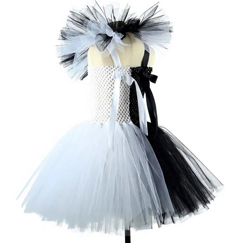 Girls Halloween Clown Costume Dress Kids Black White Scary Clown Dress with Hat Socks Gloves Set Carnival Cosplay Party Outfit
