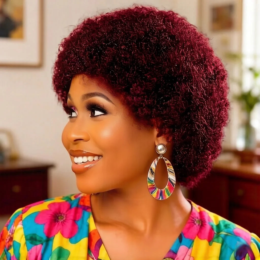 99J Burgundy Afro Kinky Curly Human Hair Wig for Women, Unprocessed Hair Natural Curly Wig, full machine made Wig Natural Hairli
