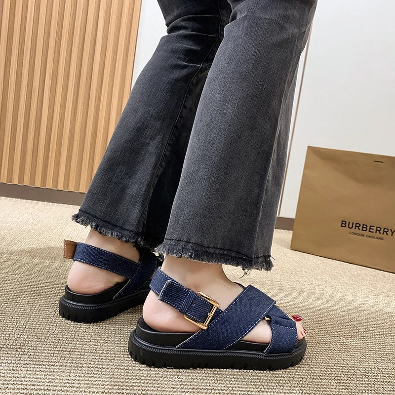 Denim Cross-strap Thick Sole Sandals Women 2025 New Summer Platform Shoes  Woman Outdoor Casual Sports Beach Shoes Slippers