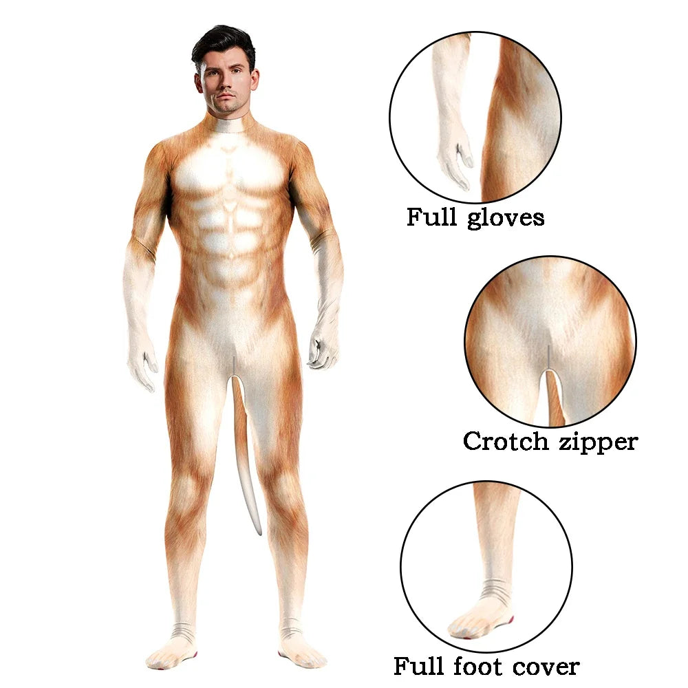 Halloween Cosplay Costume Male Adult Full Cover Elastic Zentai Pet Suit Jumpsuit Print Catsuit Bodysuits with Tail Purim Clothes